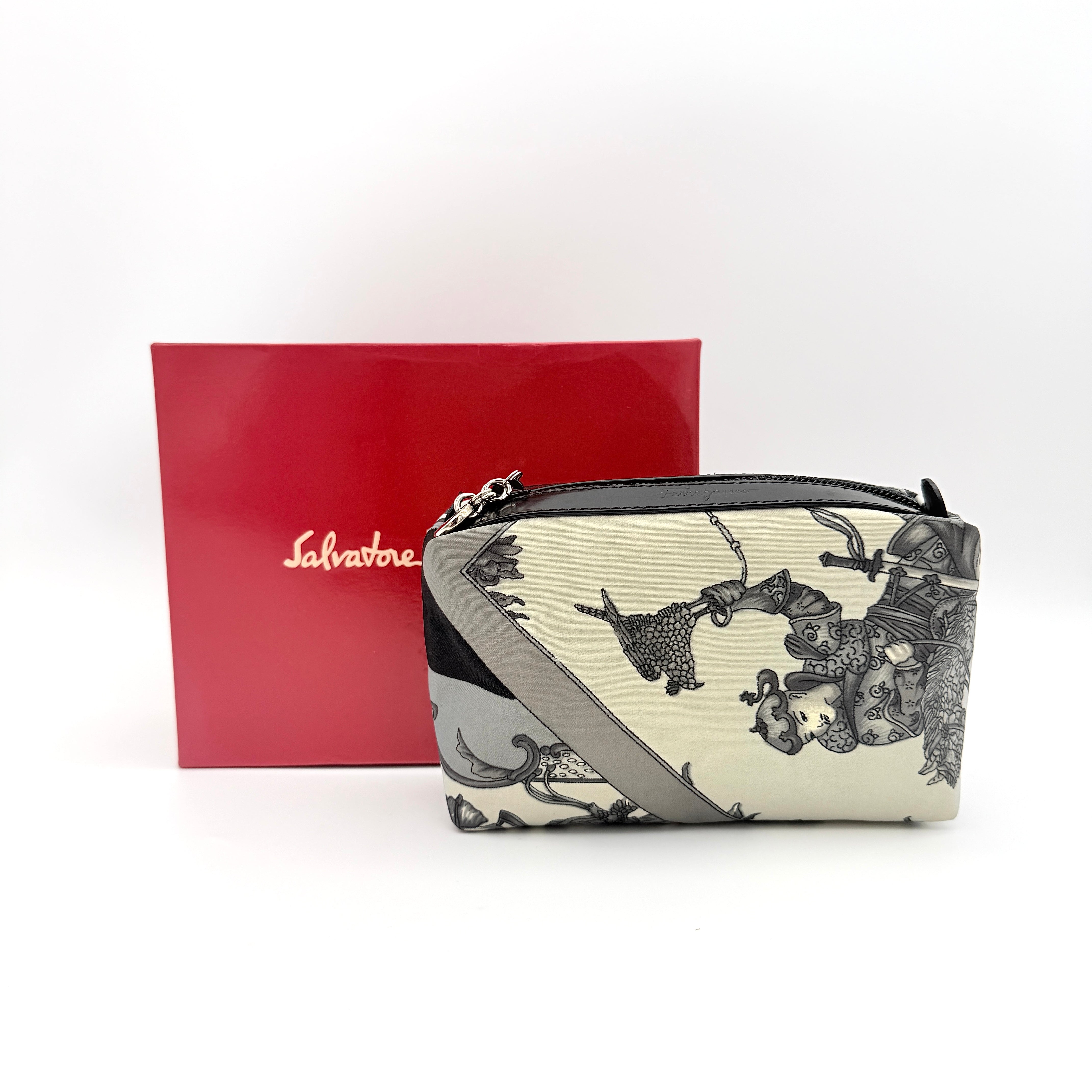 Salvatore Ferragamo Printed Nylon Cosmetic Pouch Grey/Cream