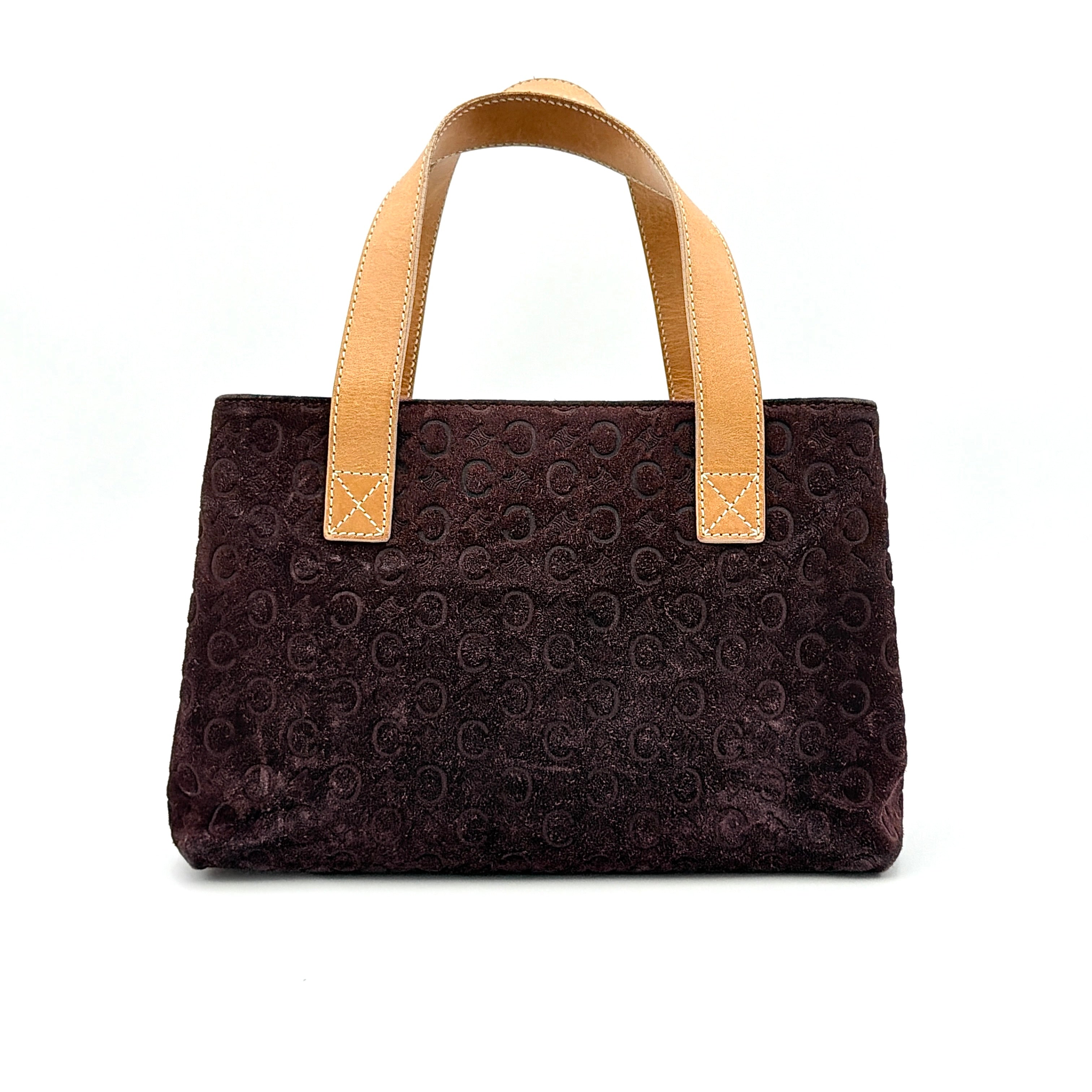 Celine C Macadam Shoulder Bag in rich brown embossed suede with tan leather handles, showcased against a plain background.