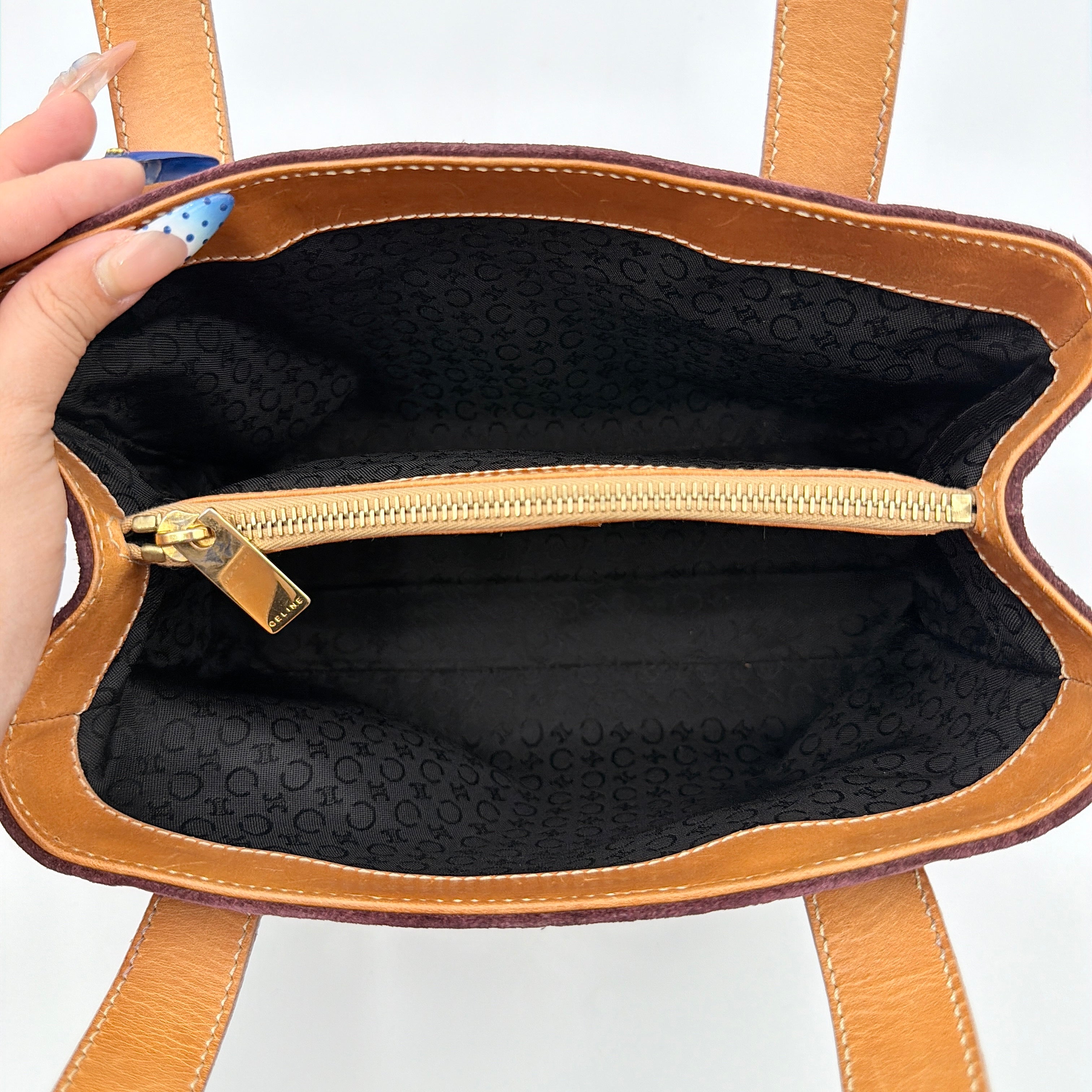 Celine C Macadam Shoulder Bag in rich brown embossed suede with tan leather handles, showcased against a plain background.
