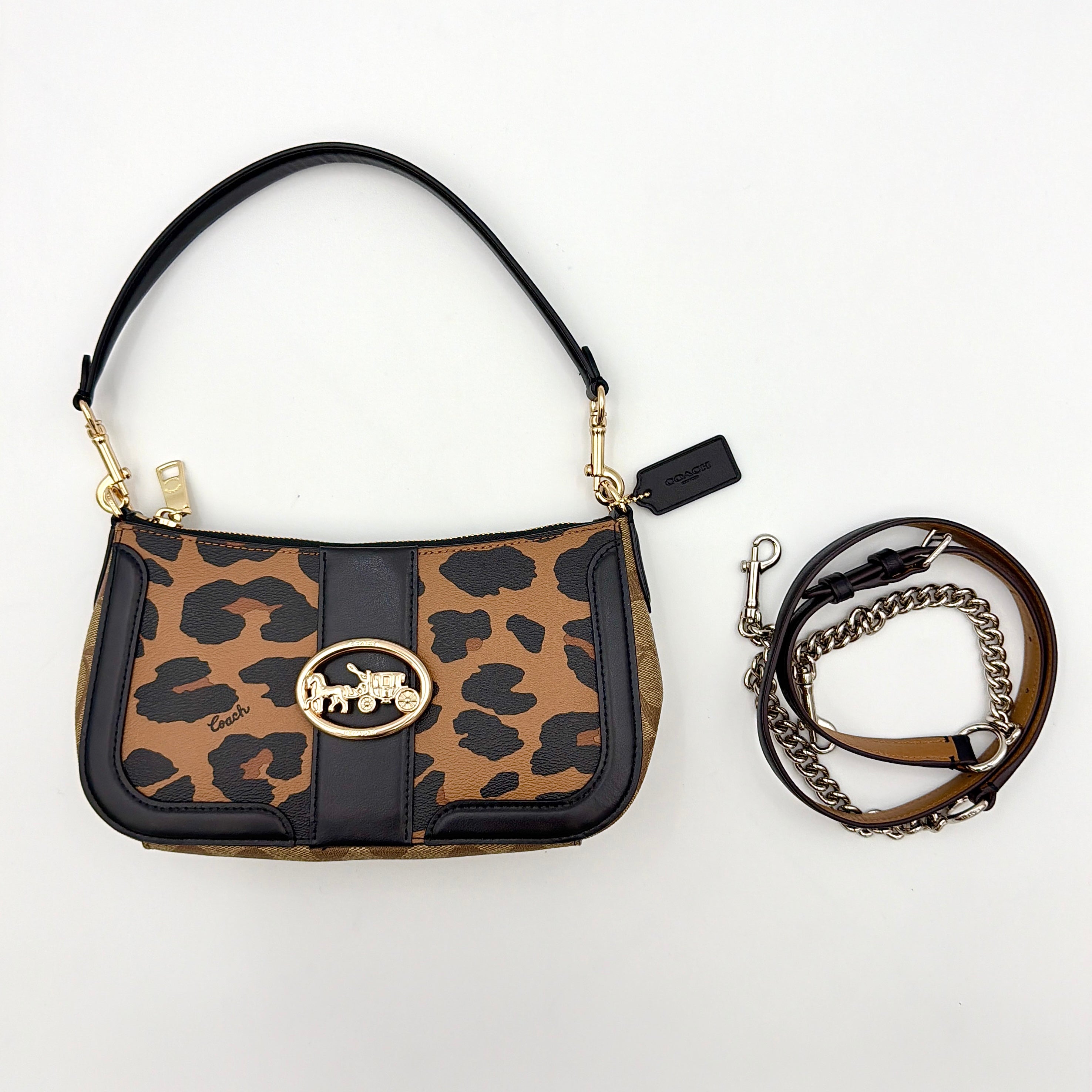 Coach Georgie Shoulder Bag in brown and black leopard print with gold horse and carriage medallion, displayed with its detachable chain and leather strap.