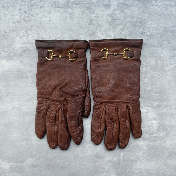 Gucci Vintage Horsebit Leather Gloves Brown