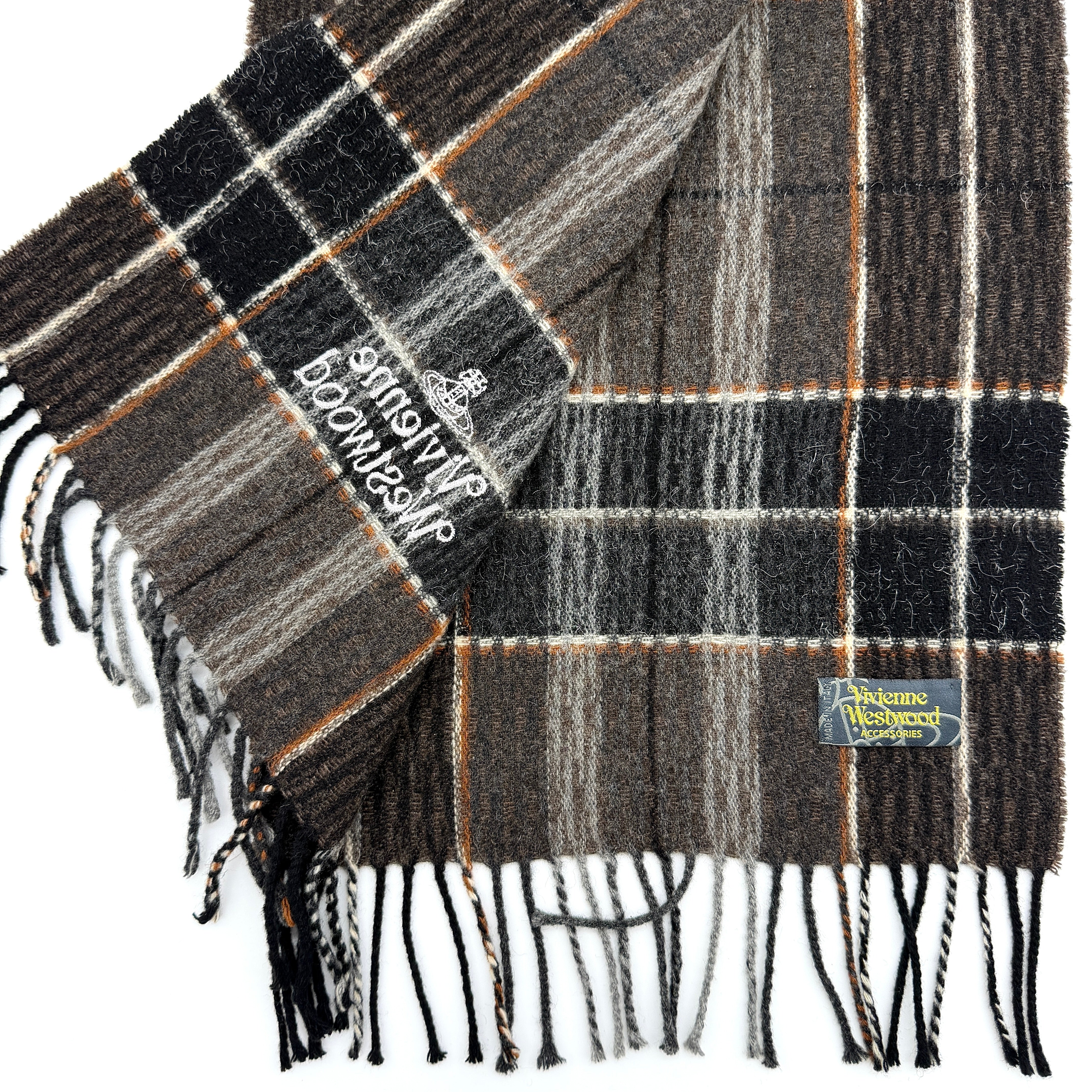 Vivienne Westwood Tartan Check Wool Scarf Brown
