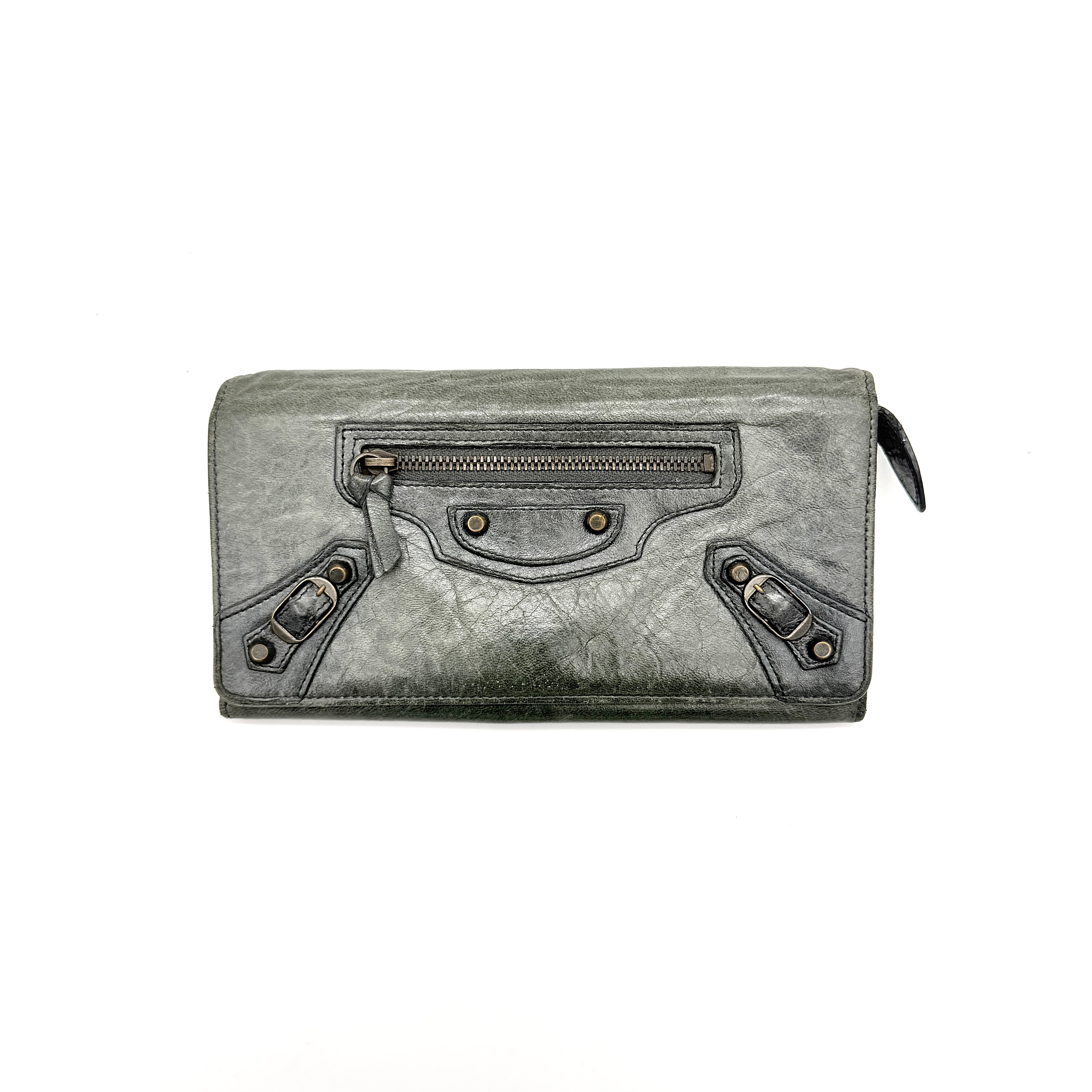 Balenciaga City Motorcycle Studded Long Wallet Grey