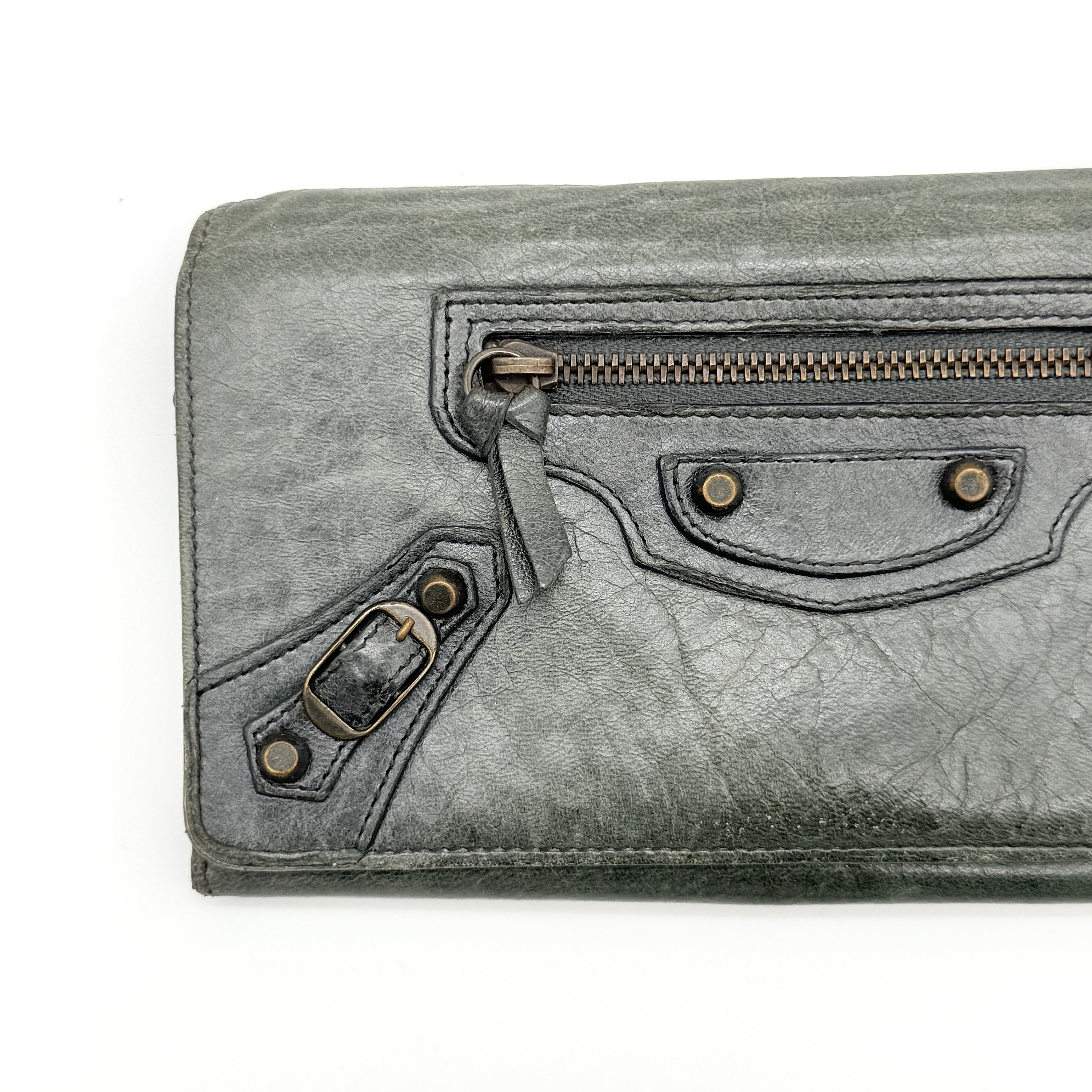 Balenciaga City Motorcycle Studded Long Wallet Grey