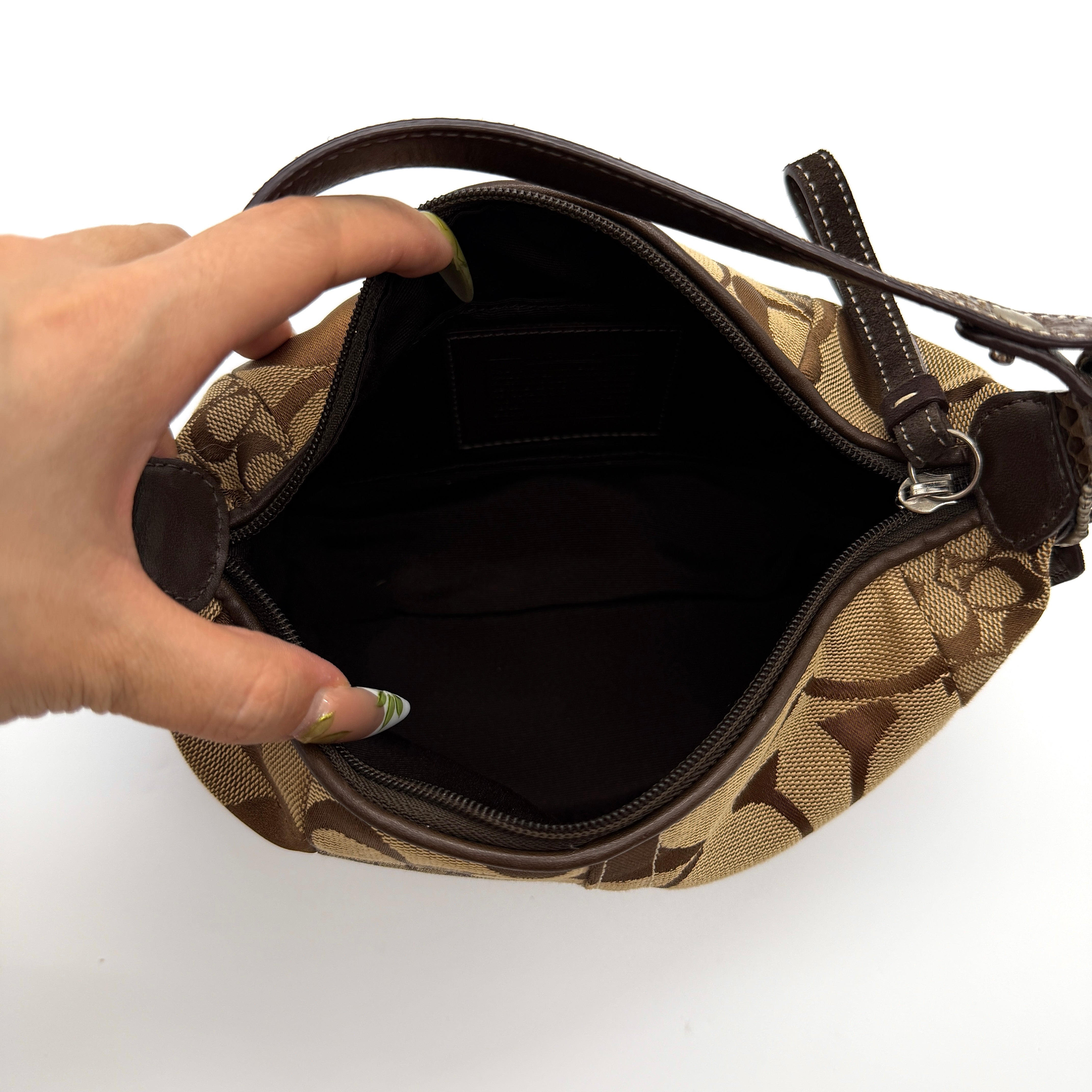 Coach Signature Mini Hobo Patchwork Shoulder Bag Brown