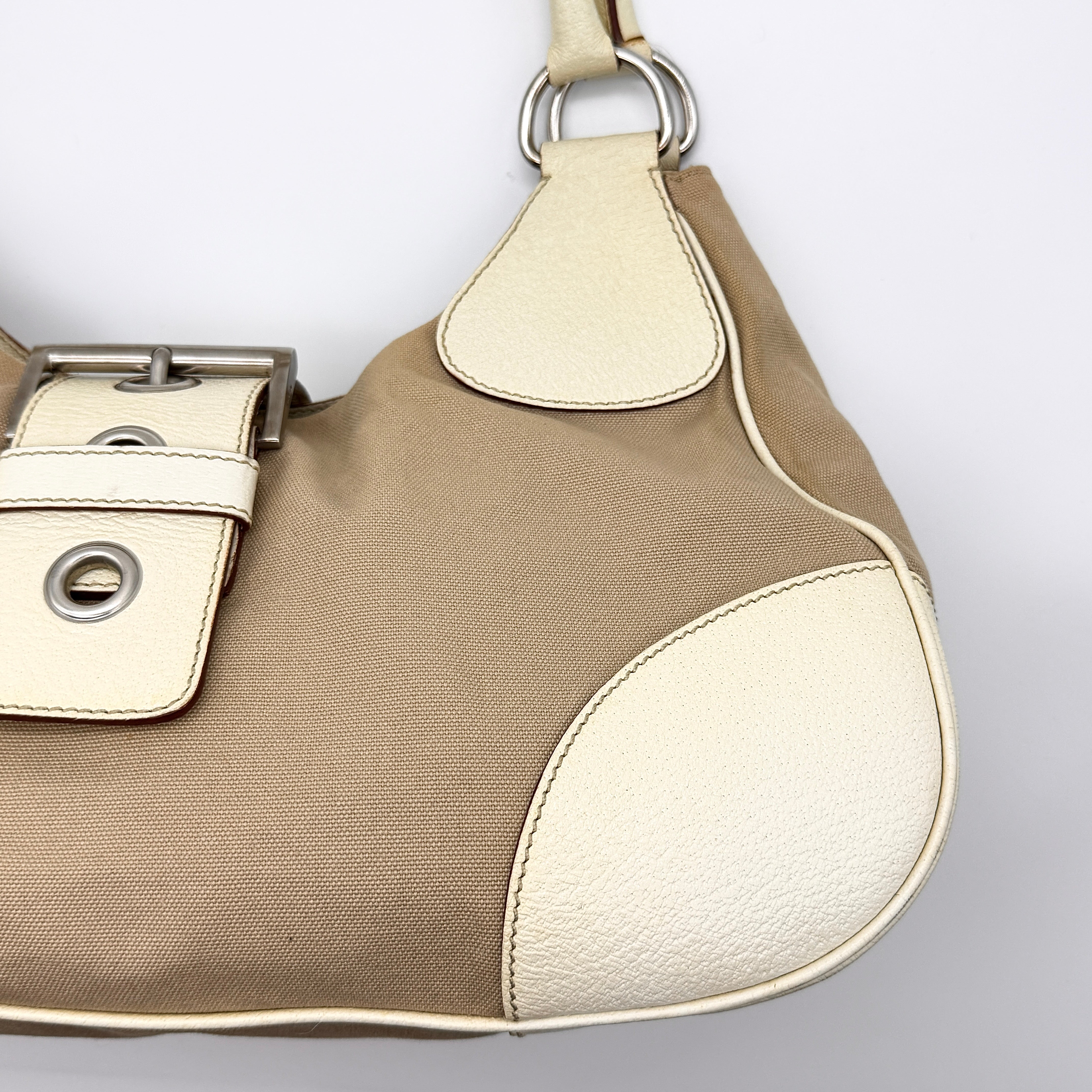 Prada Enamelled Moon Shoulder Bag Beige/Cream