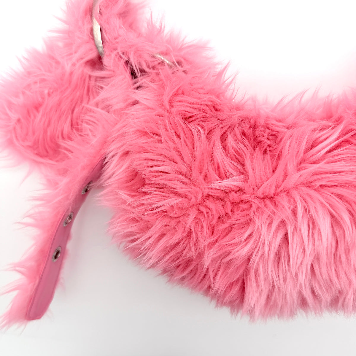 Balenciaga XS Le Cagole Shoulder Bag in sweet pink faux fur with heart-shaped mirror charm and silver hardware, styled on its original dust bag.