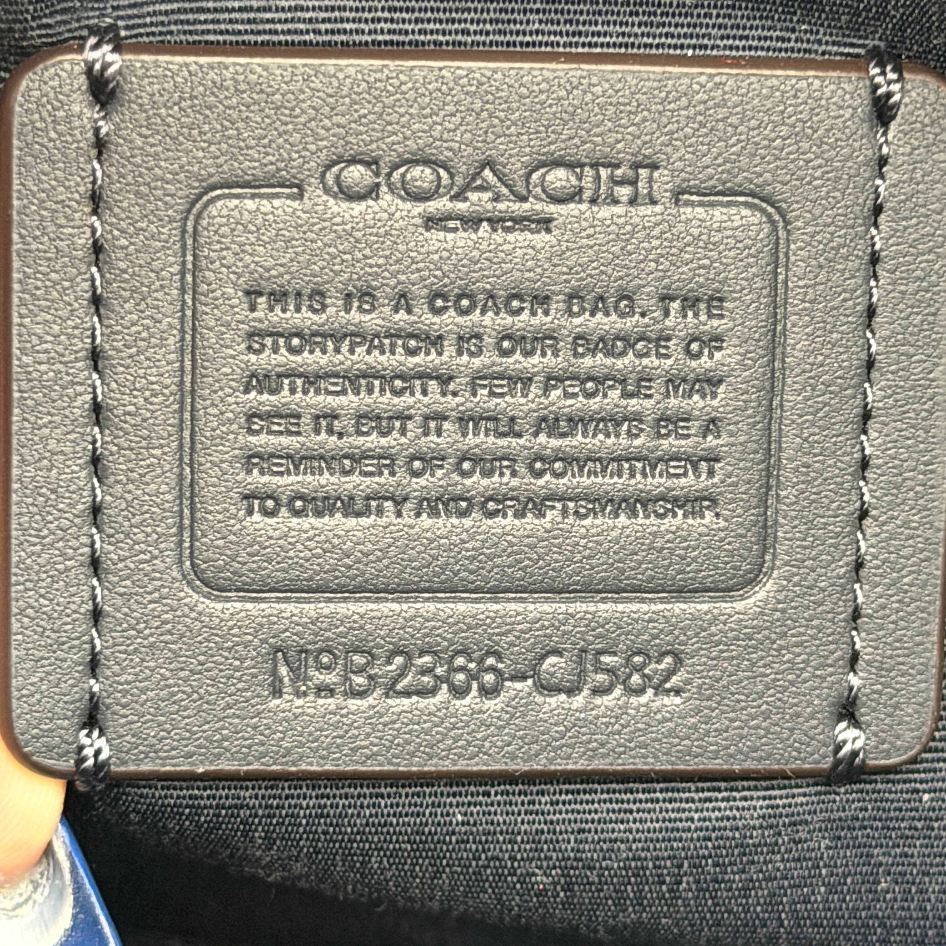 Coach Signature Jamie Crossbody Bag in beige and blue with bold logo webbing strap and blue leather trim, photographed against a white background.