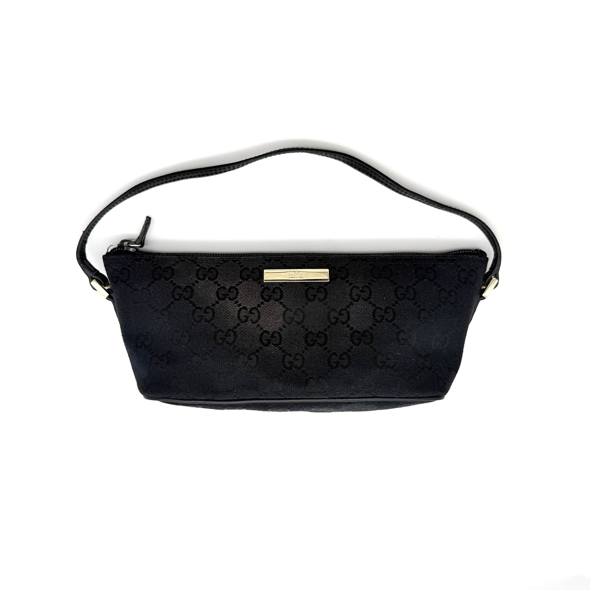 Gucci GG Monogram Pochette Boat Shoulder Bag in black GG jacquard with gold-tone hardware and black leather trim displayed with dust bag.