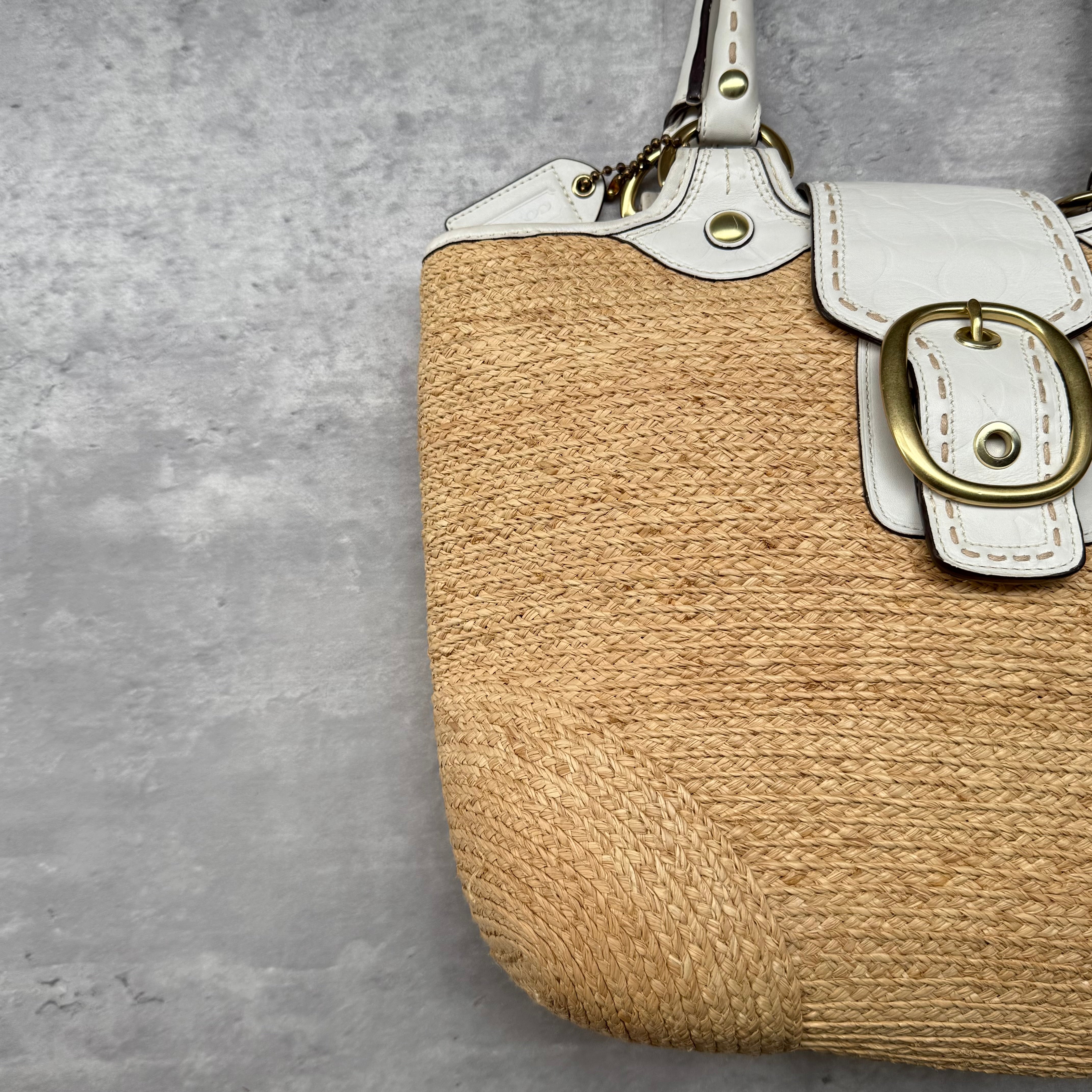 Coach Bleecker Straw Tote Bag Tan/White
