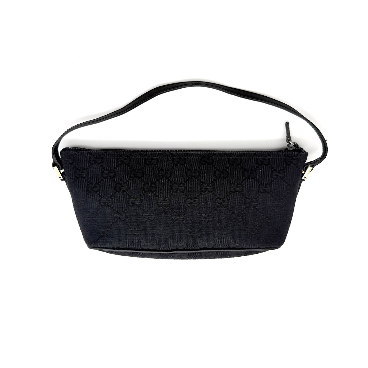 Gucci GG Monogram Pochette Boat Shoulder Bag in black GG jacquard with gold-tone hardware and black leather trim displayed with dust bag.