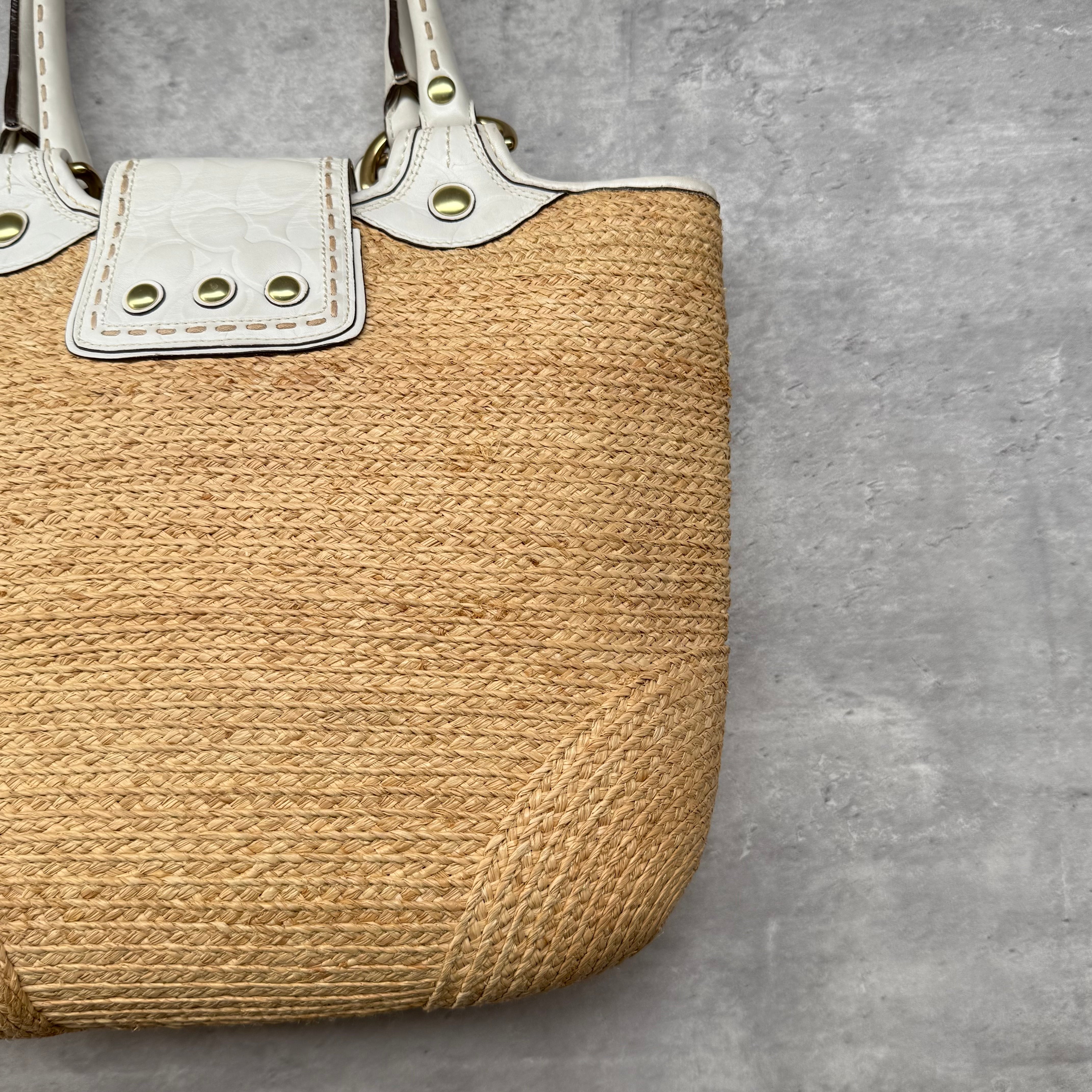 Coach Bleecker Straw Tote Bag Tan/White