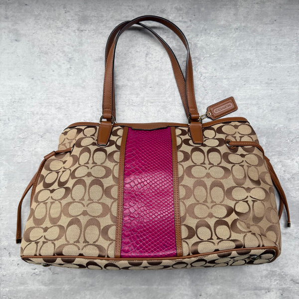 Coach Signature Stripe Drawstring HandBag Beige/Pink
