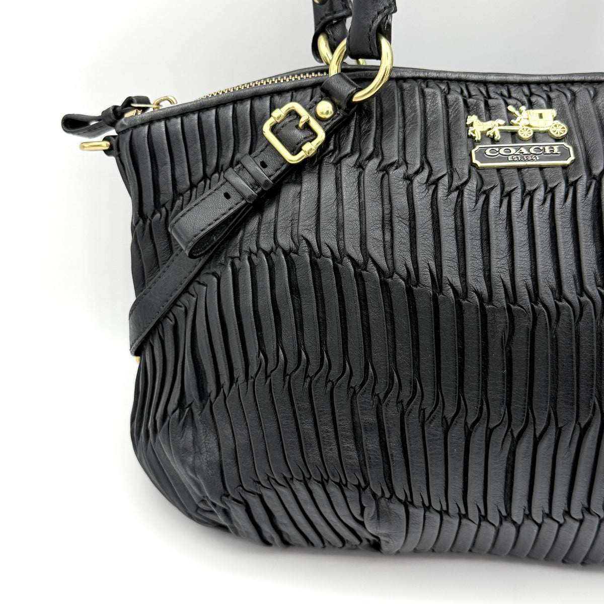 Coach Sophia Madison Pleated Shoulder Bag in black leather with gold hardware and detachable strap.