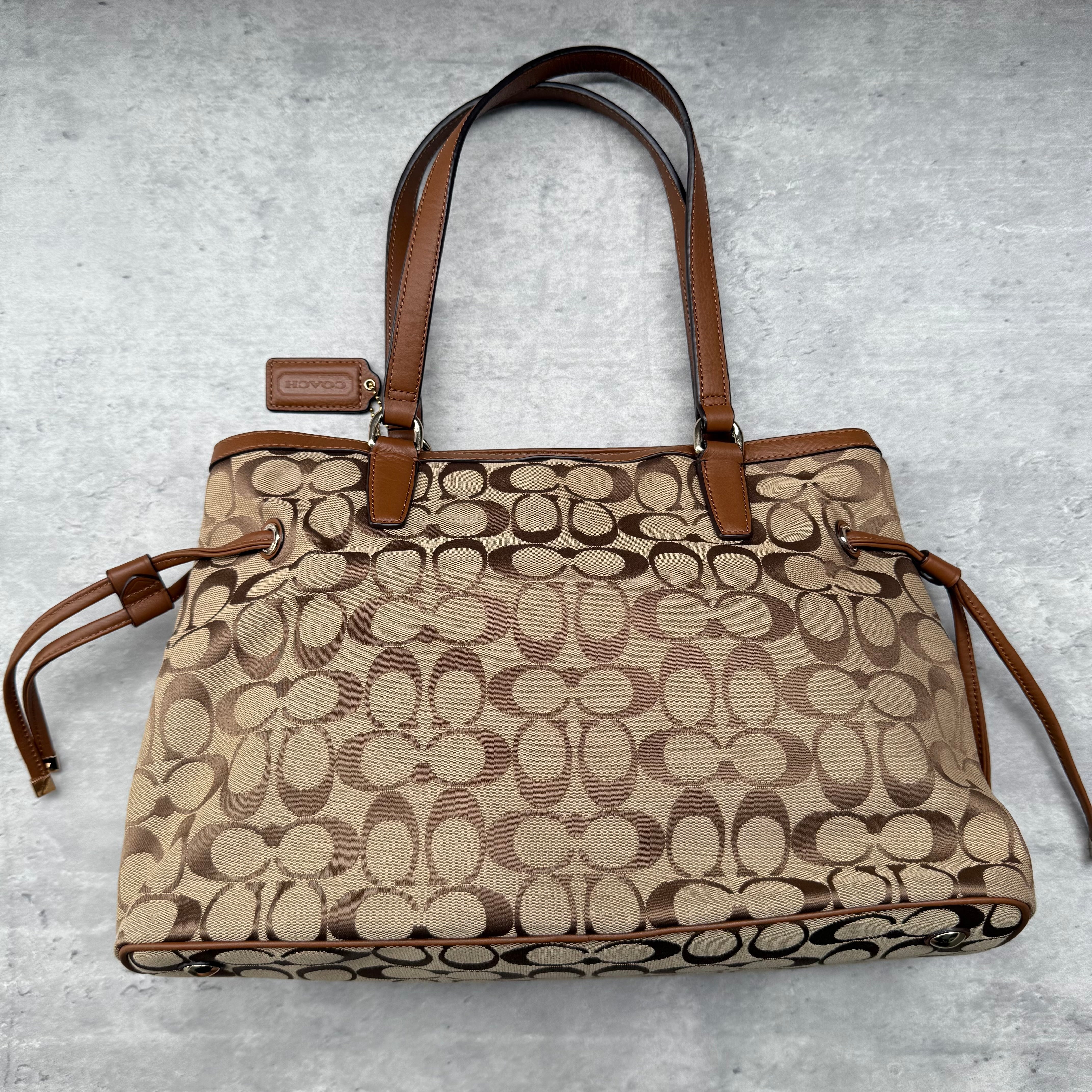 Coach Signature Stripe Drawstring HandBag Beige/Pink