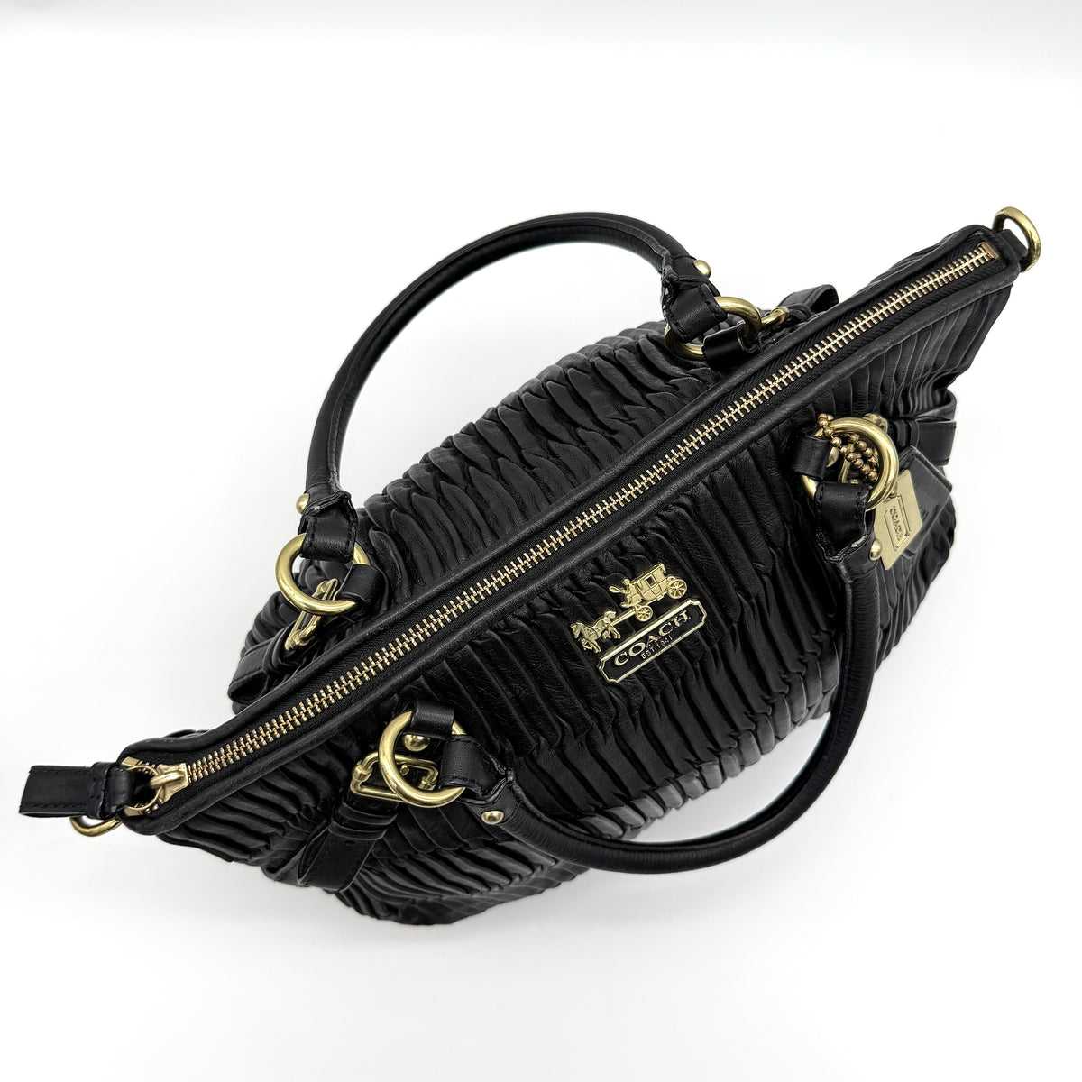Coach Sophia Madison Pleated Shoulder Bag in black leather with gold hardware and detachable strap.