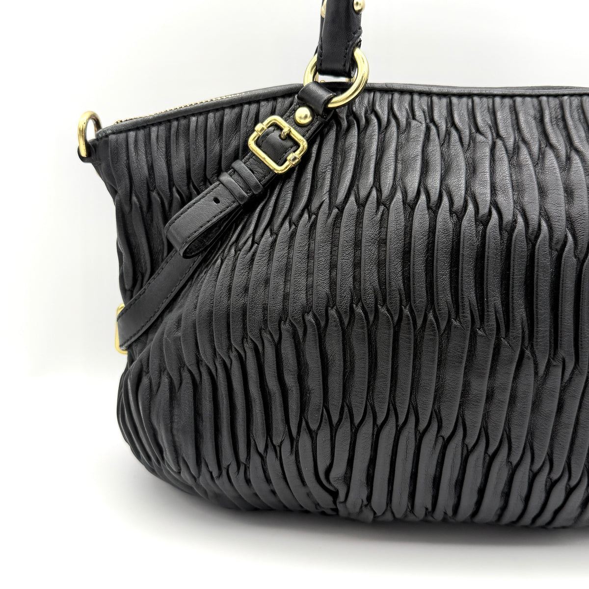 Coach Sophia Madison Pleated Shoulder Bag in black leather with gold hardware and detachable strap.