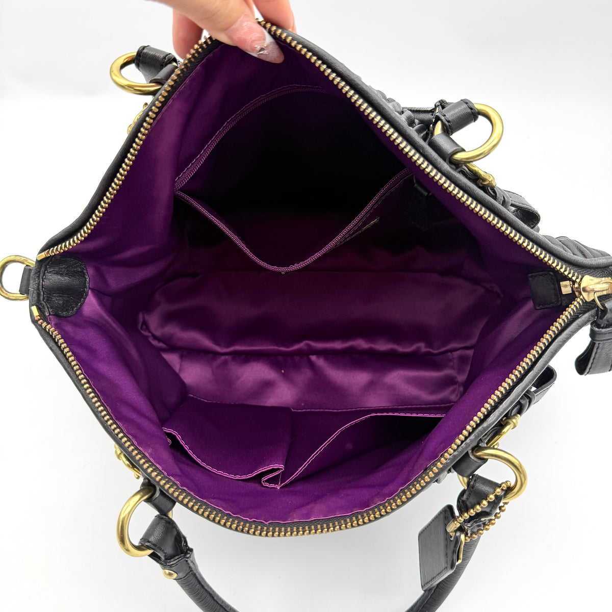 Coach Sophia Madison Pleated Shoulder Bag in black leather with gold hardware and detachable strap.