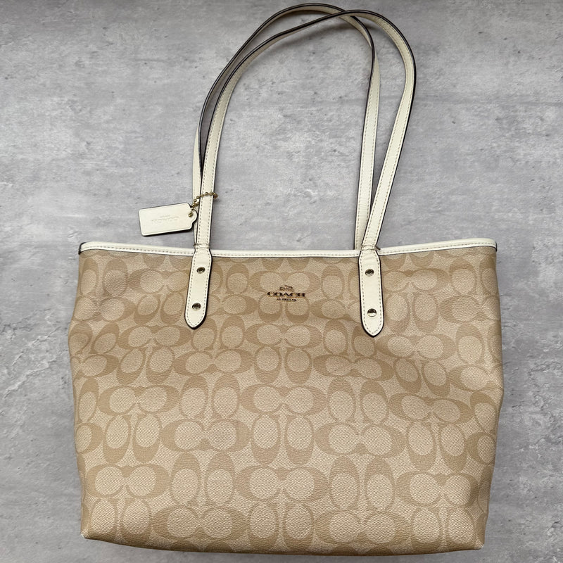 Coach Signature Canvas City Tote Bag Beige/White