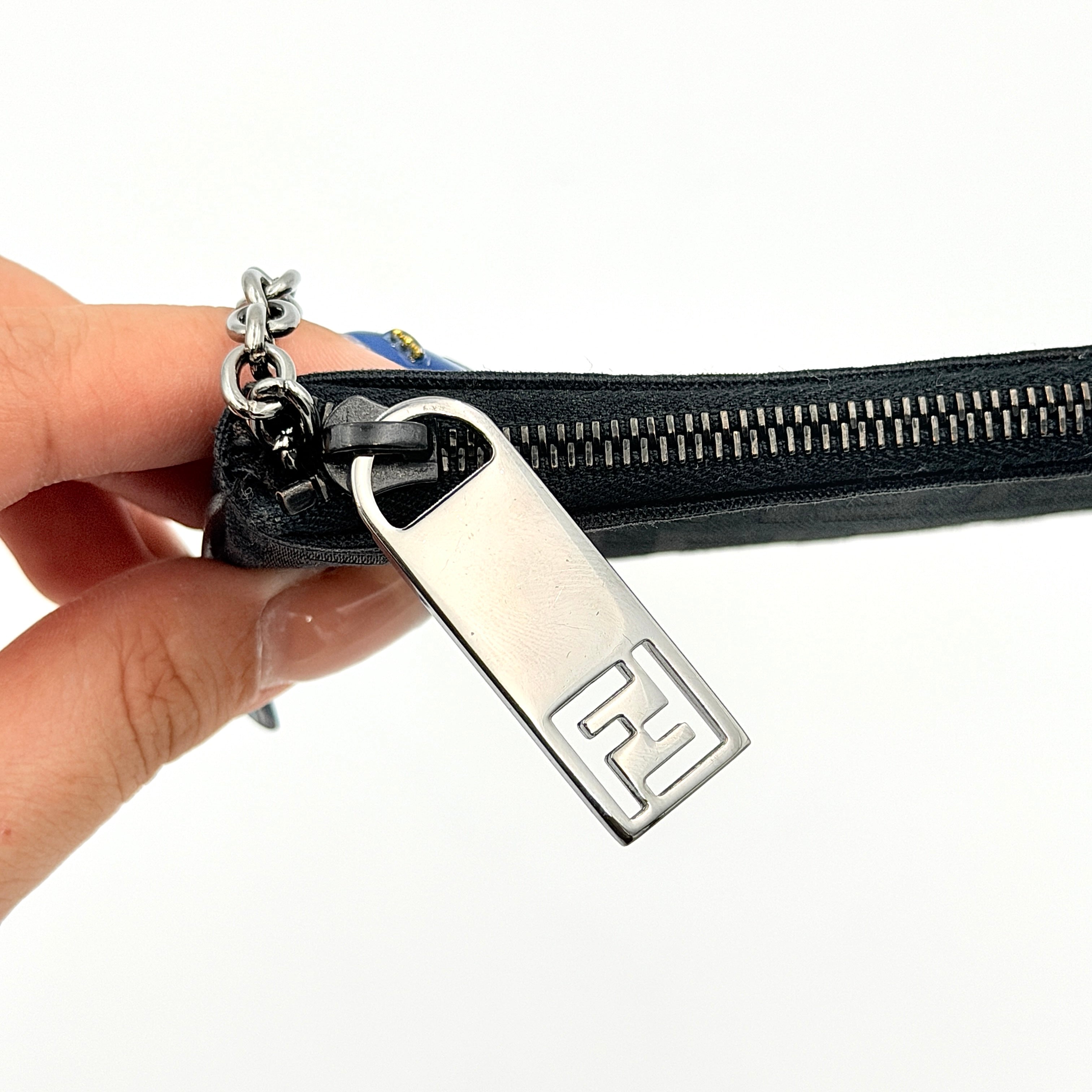 Fendi FF Zucca Coin Purse in black jacquard with iconic monogram pattern, silver-tone chain and carabiner detail.