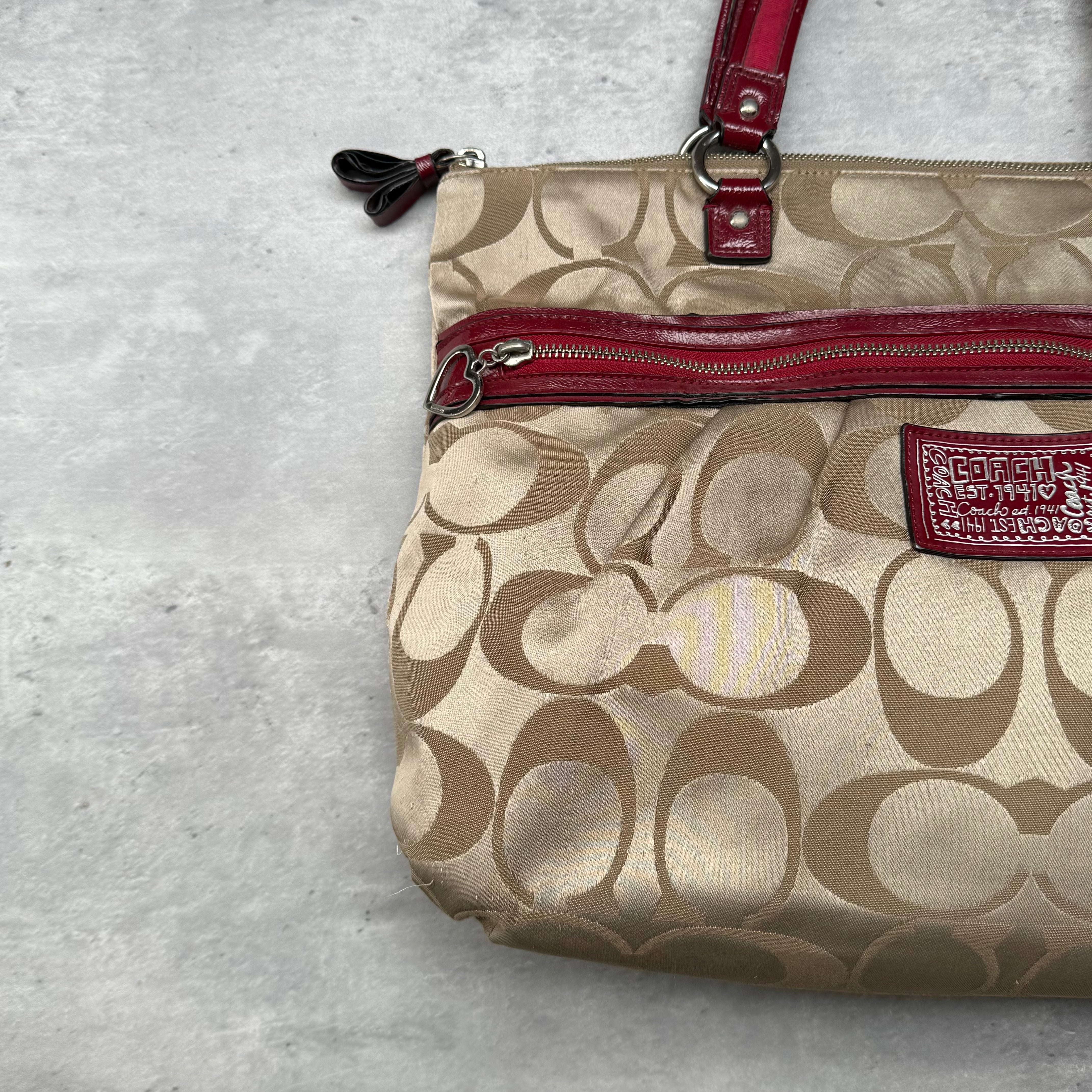 Coach Signature Poppy Daisy Tote Bag Beige/Red