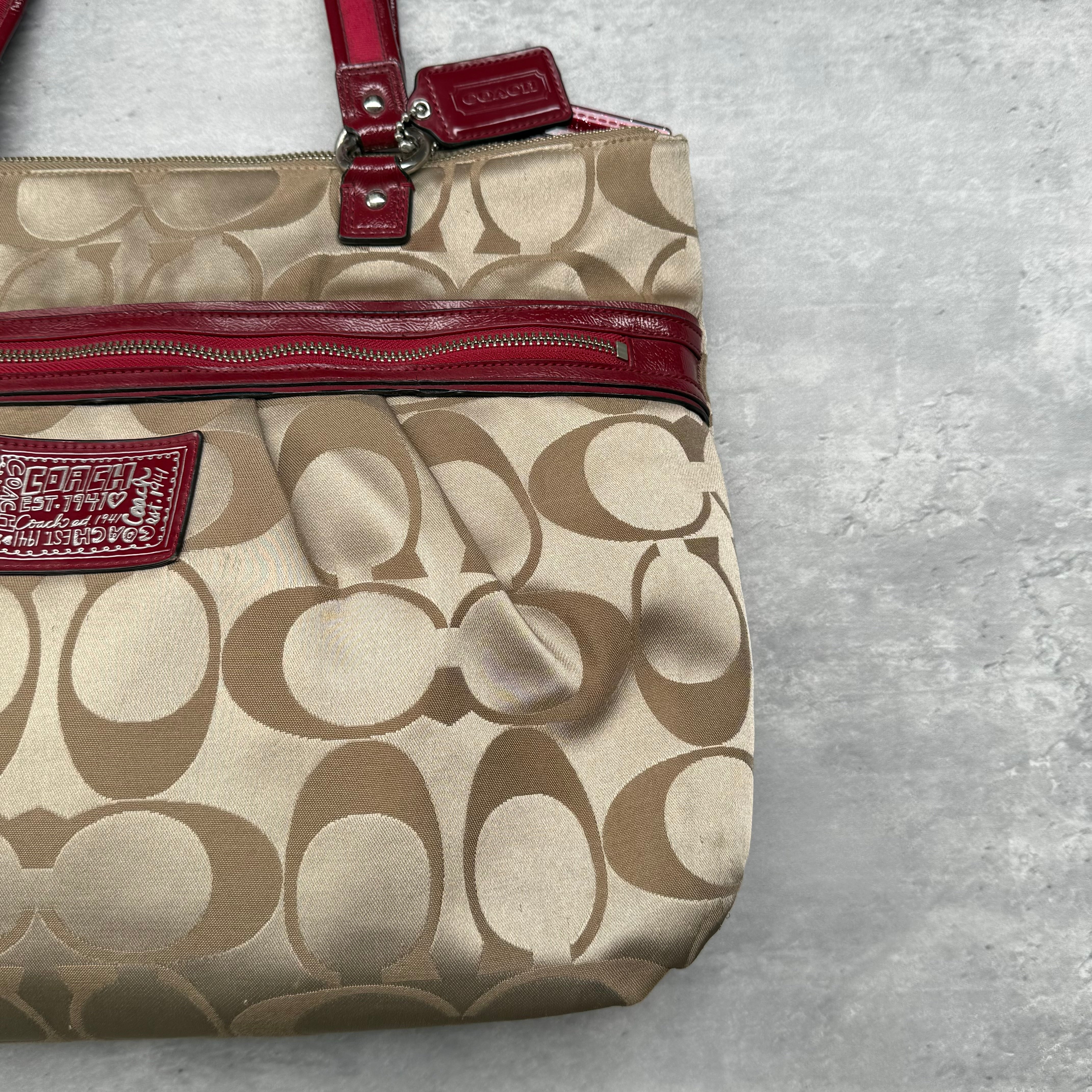 Coach Signature Poppy Daisy Tote Bag Beige/Red