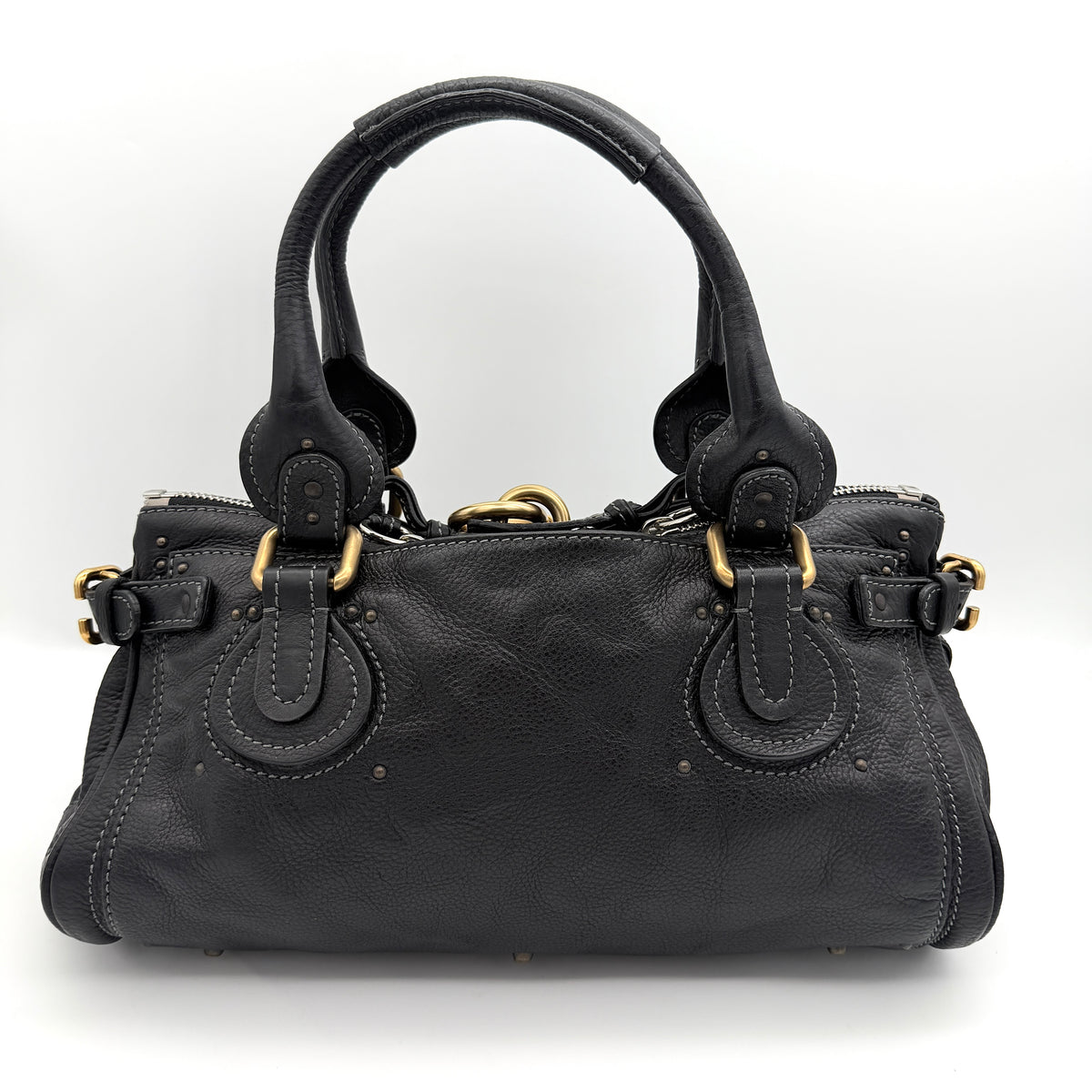 Front view of the Chloe Paddington Shoulder Bag in black leather with gold-tone hardware and signature padlock.