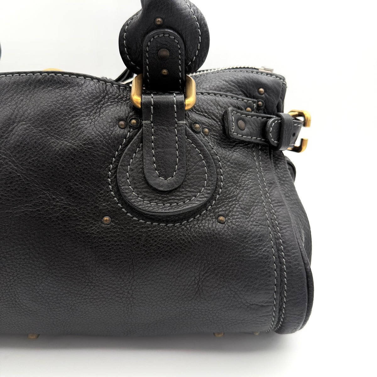 Front view of the Chloe Paddington Shoulder Bag in black leather with gold-tone hardware and signature padlock.