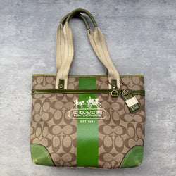 Coach Signature Heritage Stripe Tote Bag Beige/Green