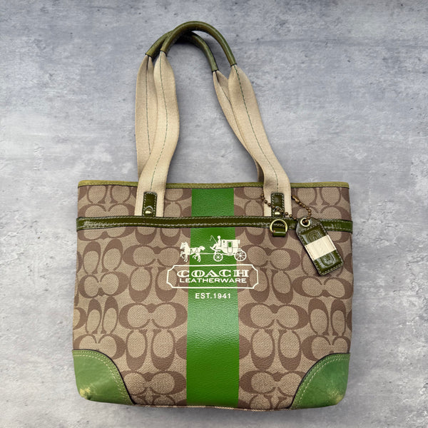 Coach Signature Heritage Stripe Tote Bag Beige/Green