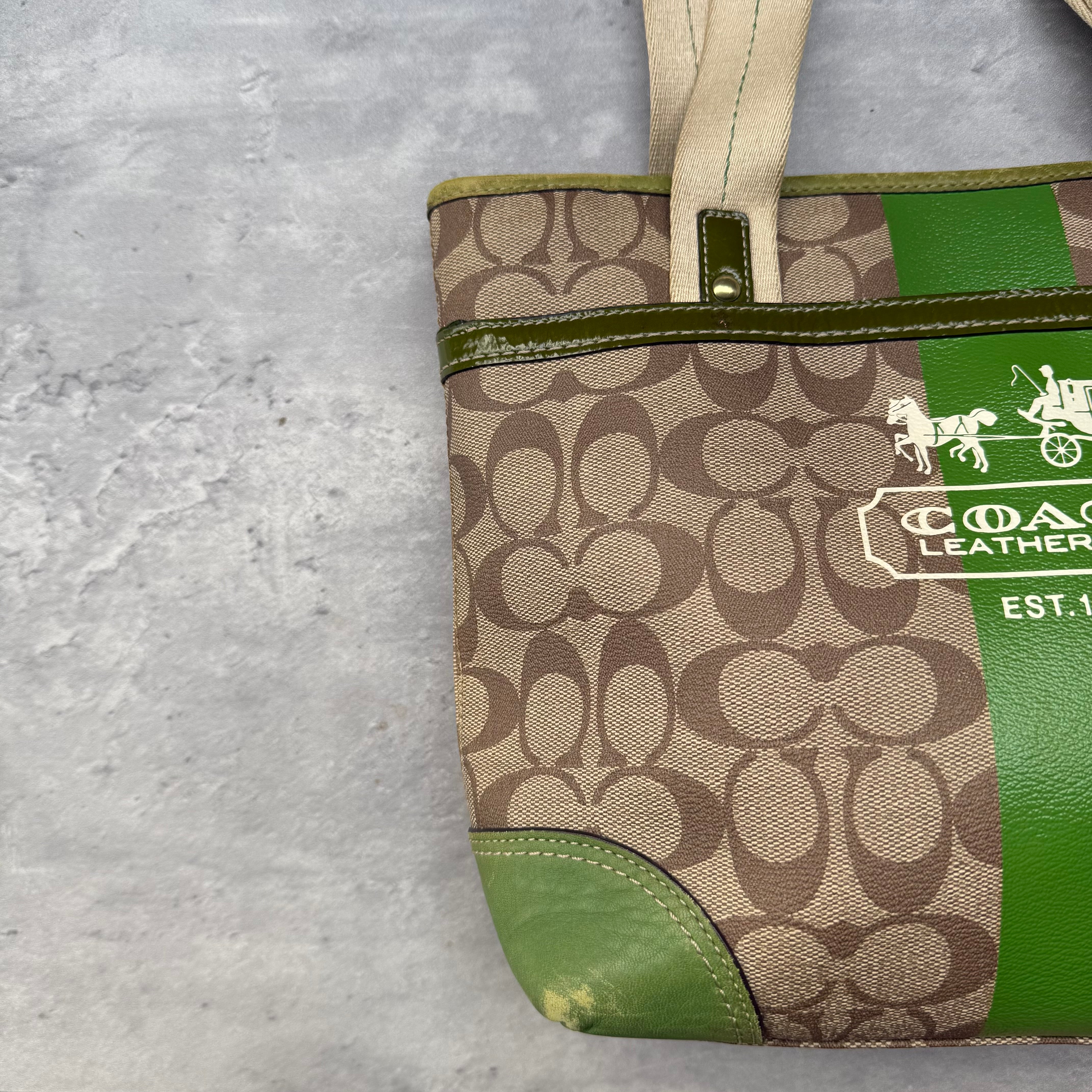 Coach Signature Heritage Stripe Tote Bag Beige/Green