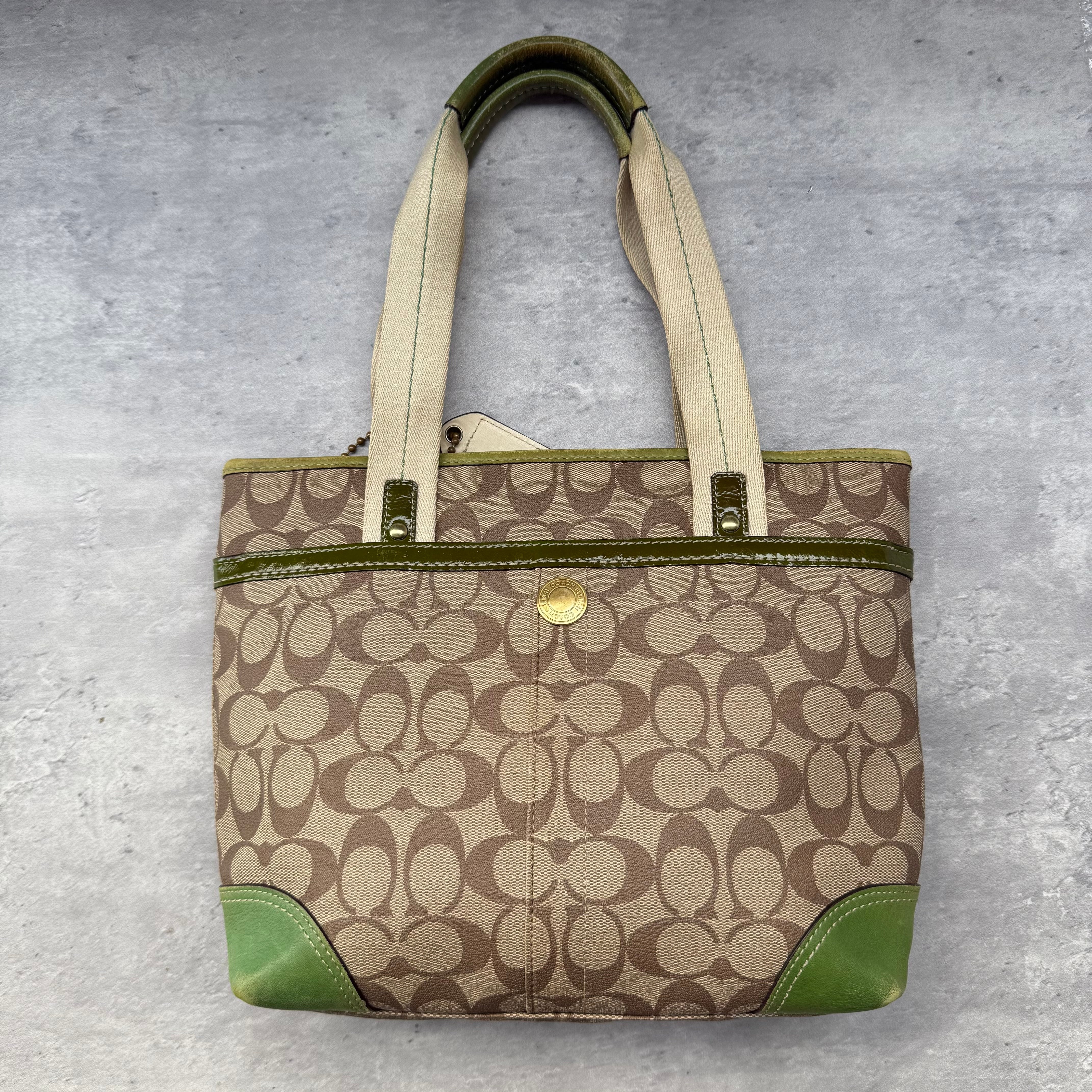 Coach Signature Heritage Stripe Tote Bag Beige/Green