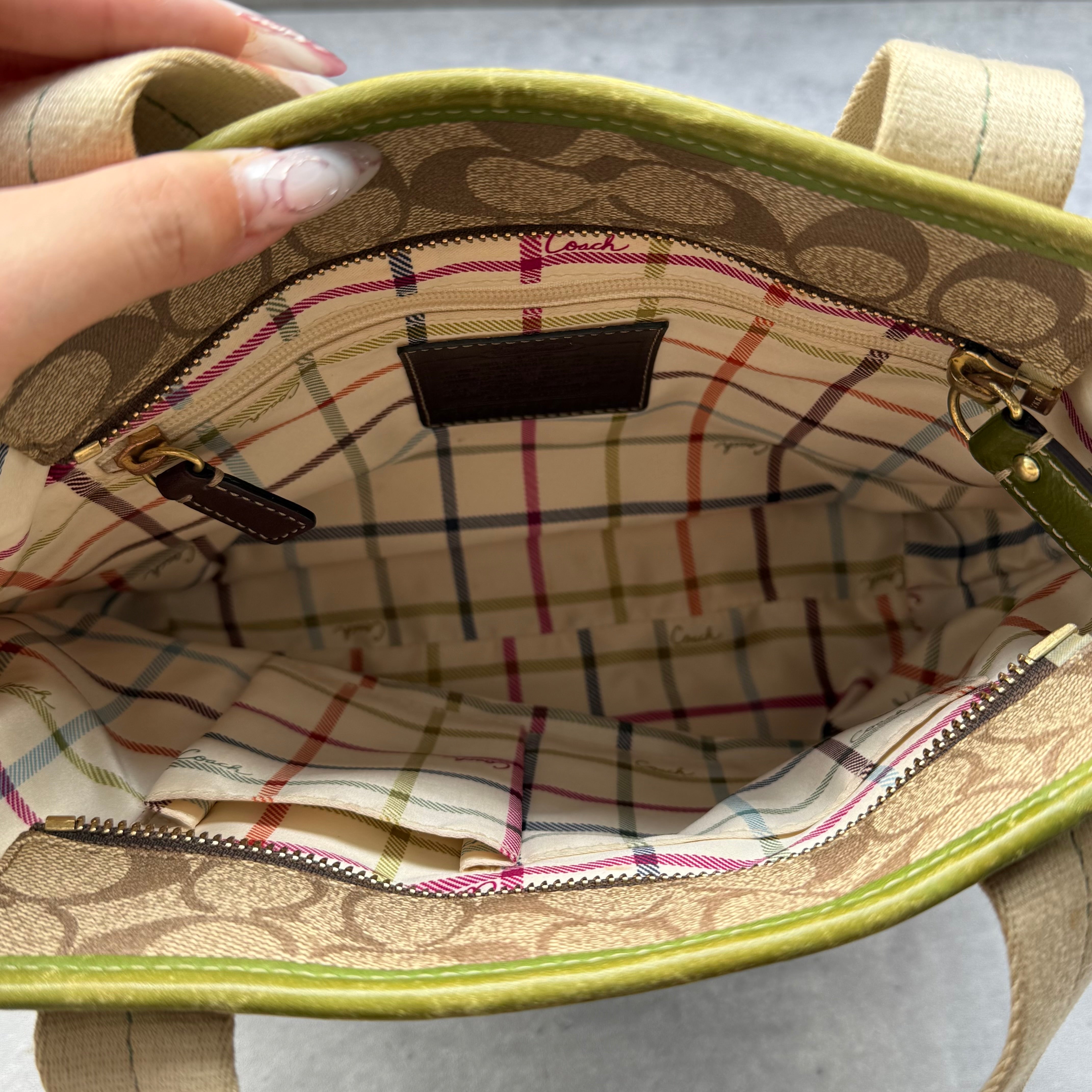 Coach Signature Heritage Stripe Tote Bag Beige/Green