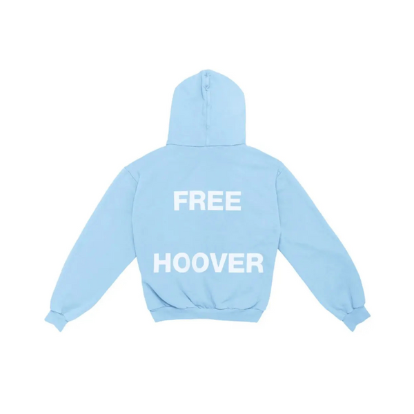 Kanye West & Drake Free Hoover Hoodie in Light Blue, oversized fit with white "FREE HOOVER" back print and clean front design