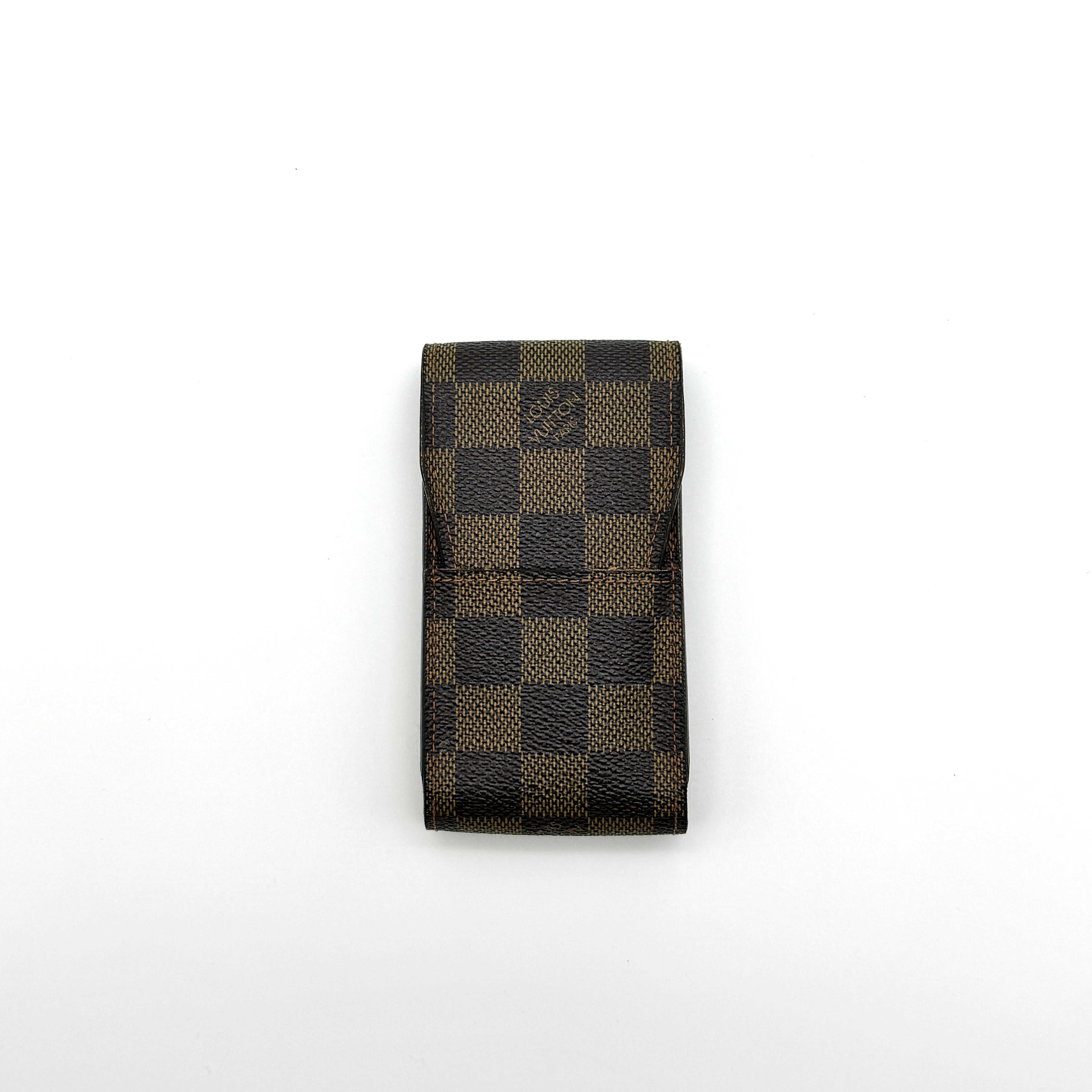 Louis Vuitton Damier Graphite Cigarette Case in brown coated canvas with flap closure and leather interior — pre-loved.