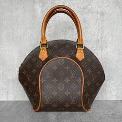 Louis Vuitton PM Monogram Ellipse Handbag with Vachetta leather trim, double handles, and brown canvas interior featuring slip pocket and D-ring