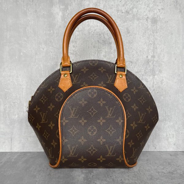 Louis Vuitton PM Monogram Ellipse Handbag with Vachetta leather trim, double handles, and brown canvas interior featuring slip pocket and D-ring