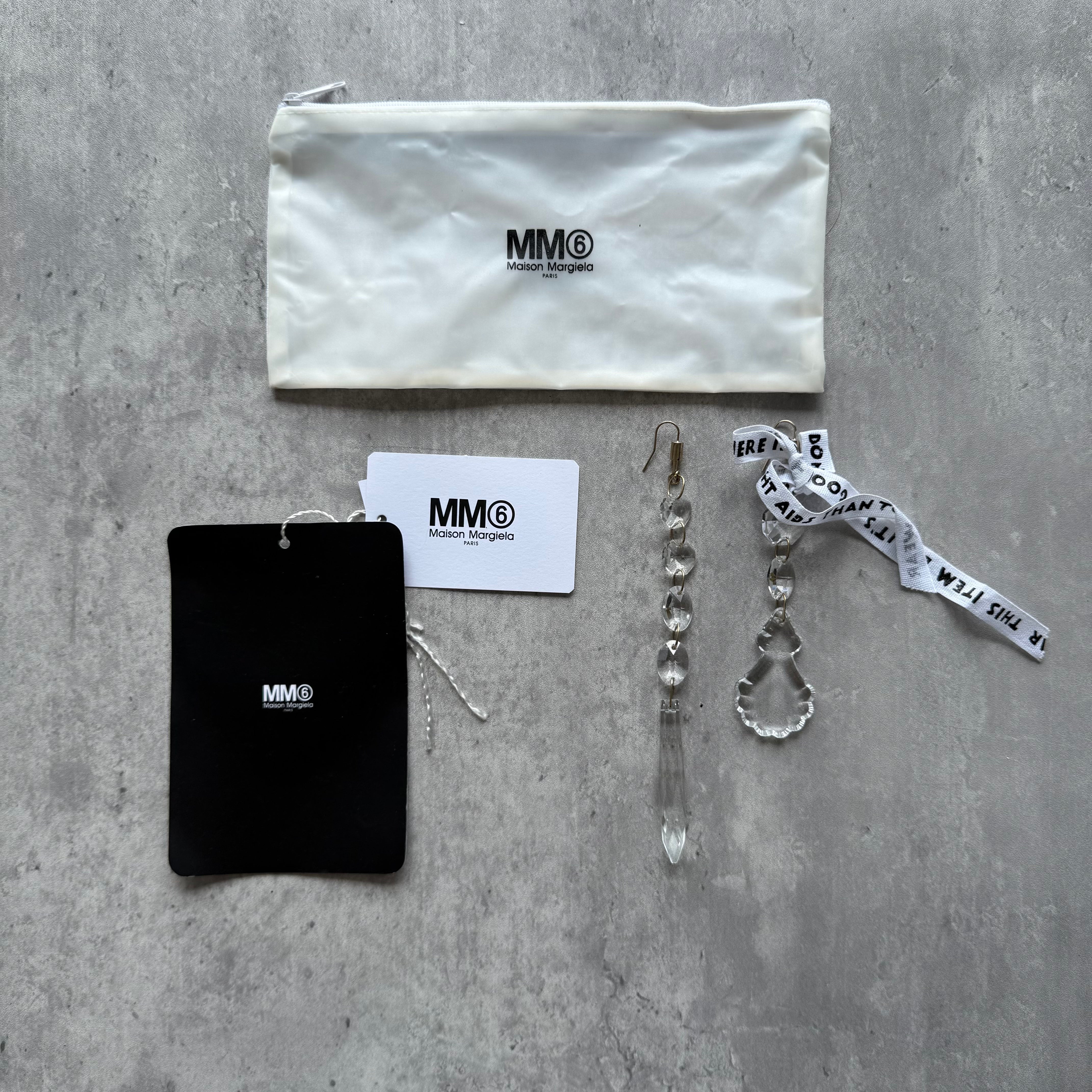 Maison Margiela MM6 Chandelier Drop Earrings with asymmetrical clear resin pendants and MM6 ribbon detail.