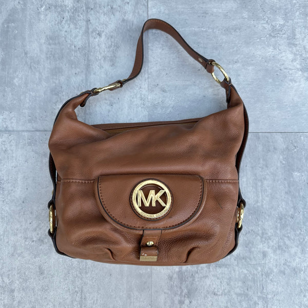 Michael Kors Fulton Hobo Shoulder Bag in brown pebbled leather with gold MK logo