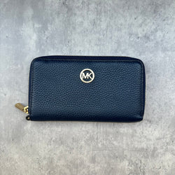 Michael Kors Fulton Leather Zip Wallet, pebbled texture with gold MK logo and zip closure