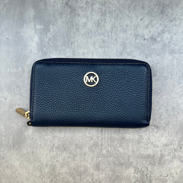 Michael Kors Fulton Leather Zip Wallet, pebbled texture with gold MK logo and zip closure