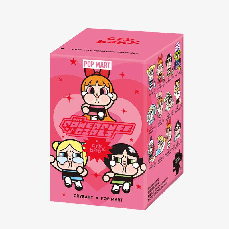POP MART CRYBABY × Powerpuff Girls blind box featuring Blossom, Bubbles, Buttercup, and other teary-eyed characters in collectible vinyl figure form.