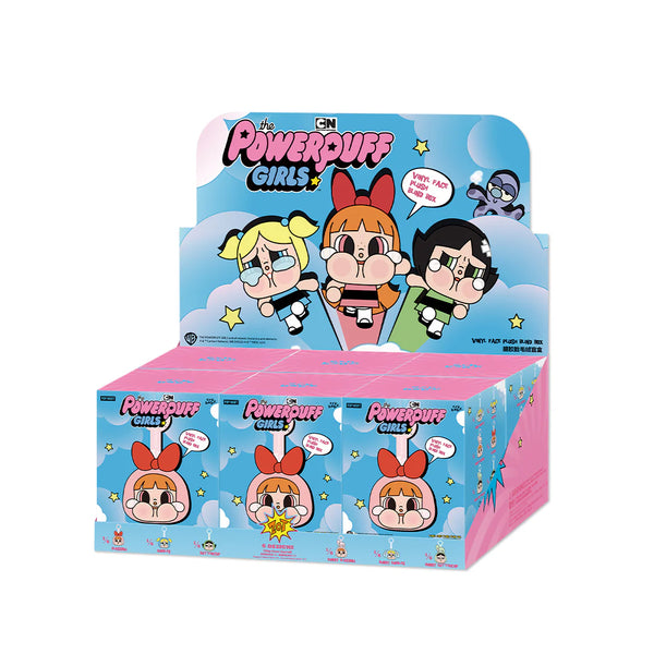 Powerpuff Girls Crybaby vinyl plush pendants by POP MART, featuring Blossom, Bubbles, and Buttercup in soft costumes with magnetic keyring attachments.