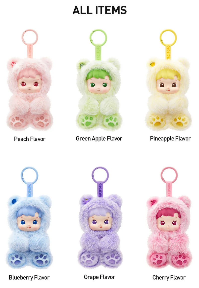 POPMART HACIPUPU Gummy Bear Series Vinyl Plush Pendant – blind box featuring soft bear-suit characters in fruity pastel colors
