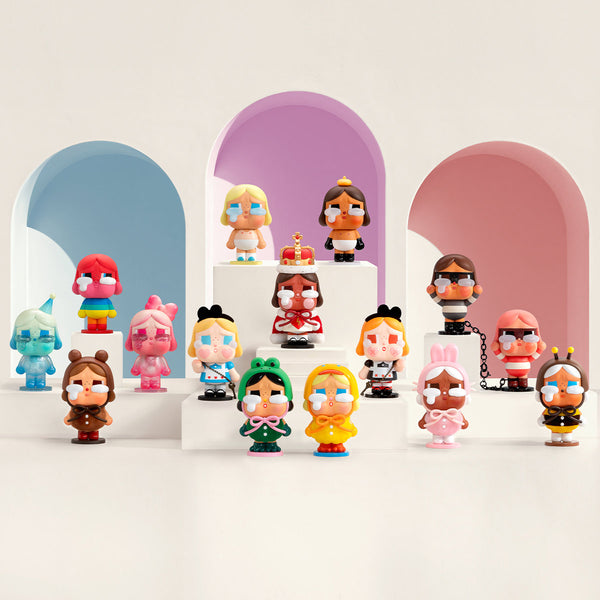 POP MART CRYBABY Crying Again blind box series featuring 12 expressive vinyl figures with teary eyes and colorful outfits