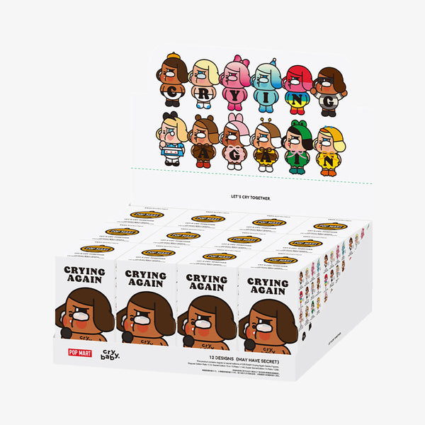 POP MART CRYBABY Crying Again blind box series featuring 12 expressive vinyl figures with teary eyes and colorful outfits