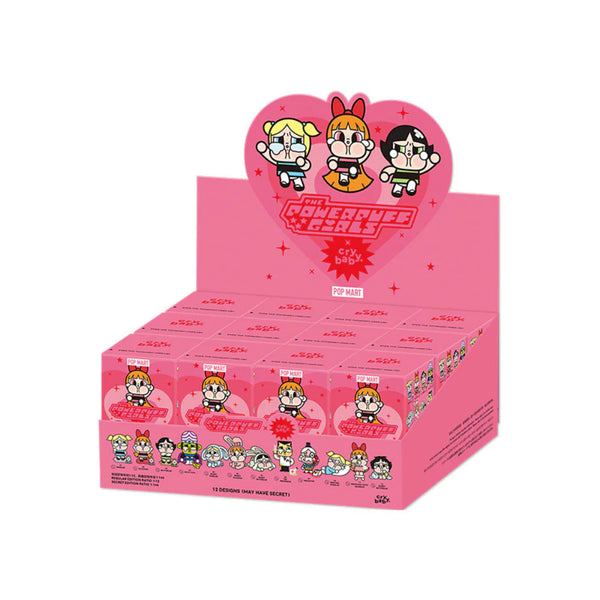 POP MART CRYBABY × Powerpuff Girls blind box featuring Blossom, Bubbles, Buttercup, and other teary-eyed characters in collectible vinyl figure form.