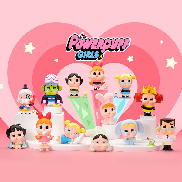 POP MART CRYBABY × Powerpuff Girls blind box featuring Blossom, Bubbles, Buttercup, and other teary-eyed characters in collectible vinyl figure form.