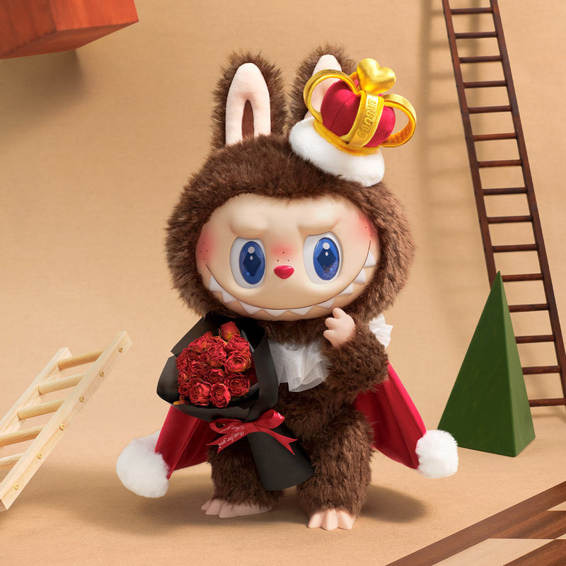 POP MART Labubu Let’s Checkmate King Vinyl Plush Doll, royal-themed collectible with red cape, crown, and mischievous smile in display box