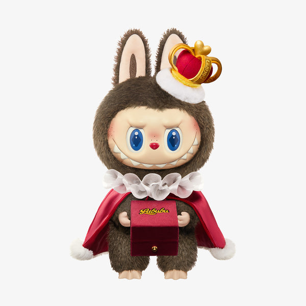 POP MART Labubu Let’s Checkmate King Vinyl Plush Doll, royal-themed collectible with red cape, crown, and mischievous smile in display box
